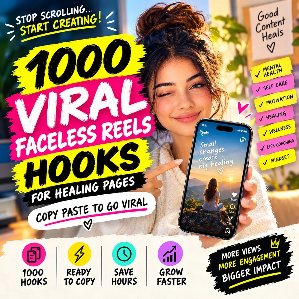 1000 Viral Faceless Reels Hooks for Healing Pages product cover